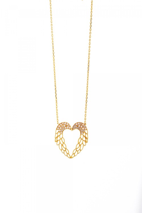 MELEK KANATLI TAŞLI KALP KOLYE